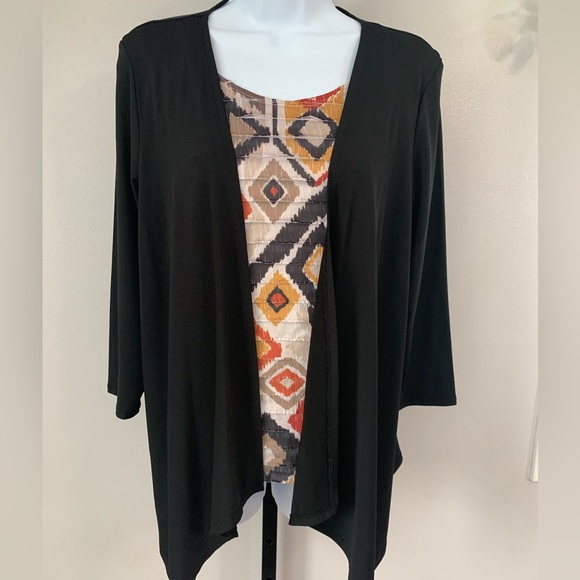 Alfred Dunner Black Open Front Cardigan with Aztec Tank - Picture 1 of 16